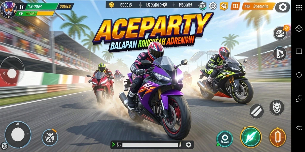 Gameplay seru di ACEPARTY dengan balapan motor yang menegangkan.