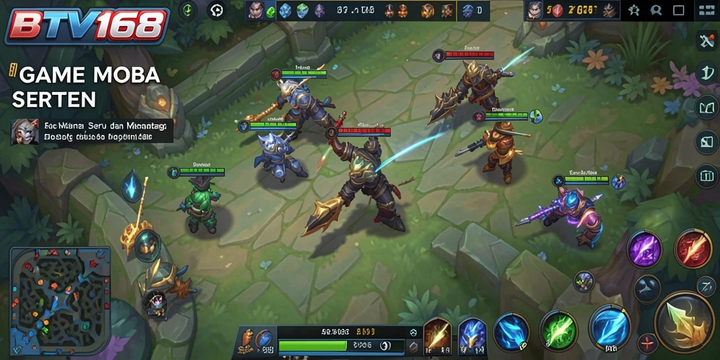 Screenshot BTV168 menampilkan suasana pertempuran intens dalam permainan MOBA.
