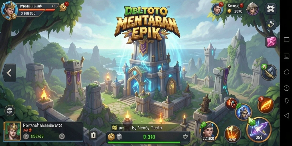Tampilan gameplay DBLTOTO dengan pertahanan menara yang intens.