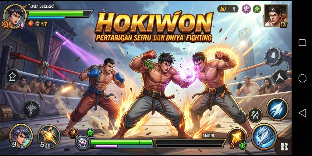 Screenshot HOKIWON menampilkan karakter bertarung dengan aksi penuh adrenalin.