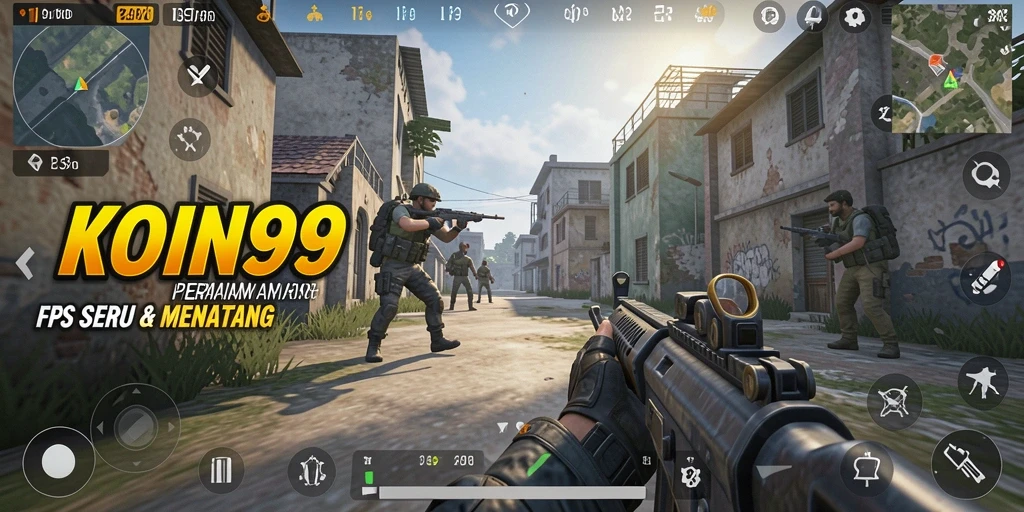 Screenshot gameplay KOIN99 menampilkan aksi tembak-menembak yang intens.