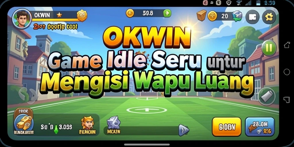 Tangkapan layar utama OKWIN menampilkan karakter beraksi dalam gameplay Idle yang menarik.